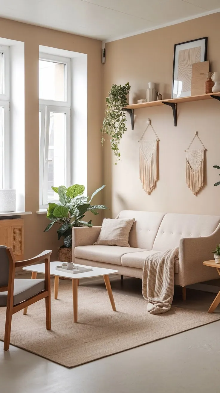 A serene Scandinavian-inspired living room showcases a neutral palette enhanced by natural light and simple wooden accents