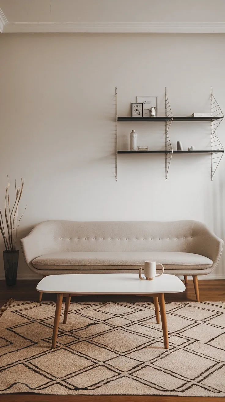 A minimalist Nordic living room features a modern sofa, geometric rug, and simple décor, showcasing Scandinavian style.