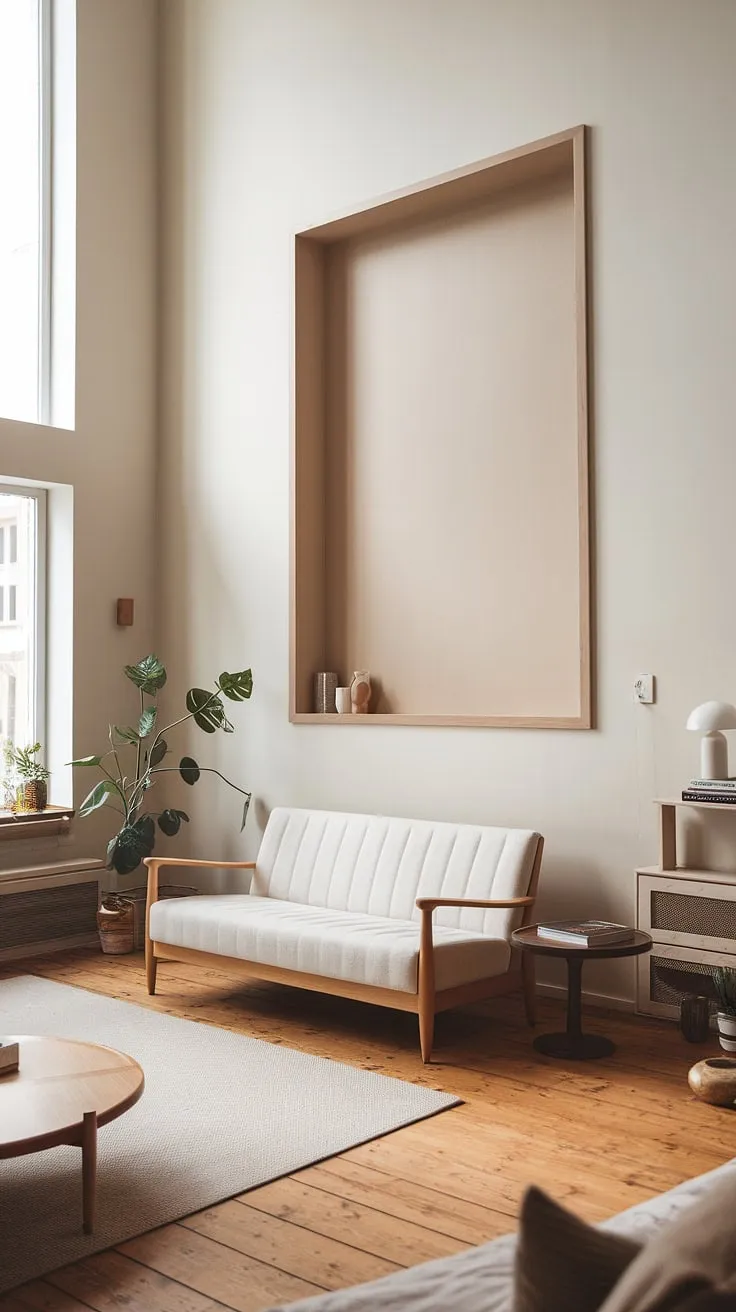 Sunlight floods a minimalist Nordic living room featuring a white sofa, wooden accents, and high ceilings.