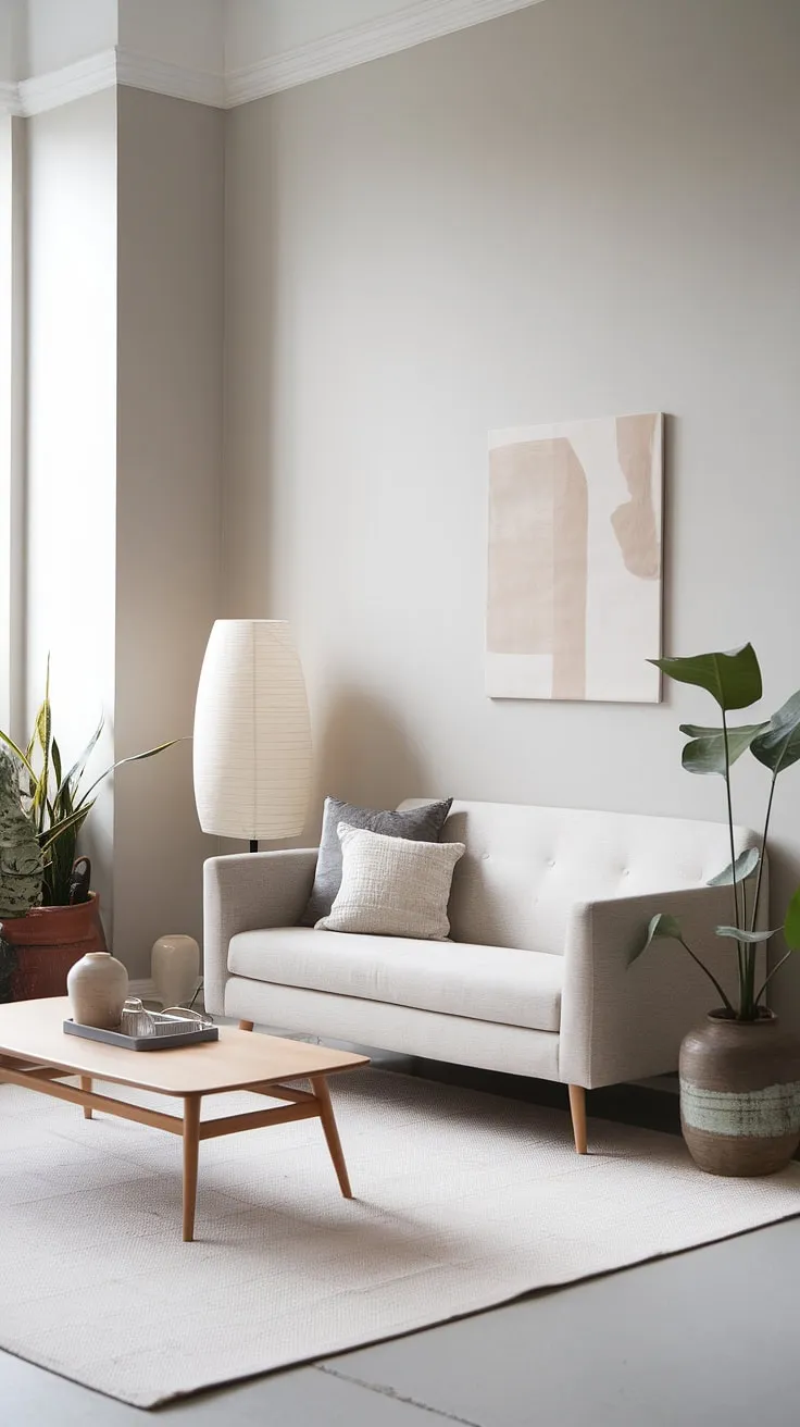 A minimalist Nordic living room, featuring a Scandinavian sofa and light grey walls, exudes calm sophistication.