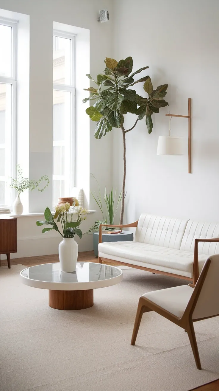 Natural light floods a minimalist Nordic living room featuring white walls, wooden accents, and calming greenery