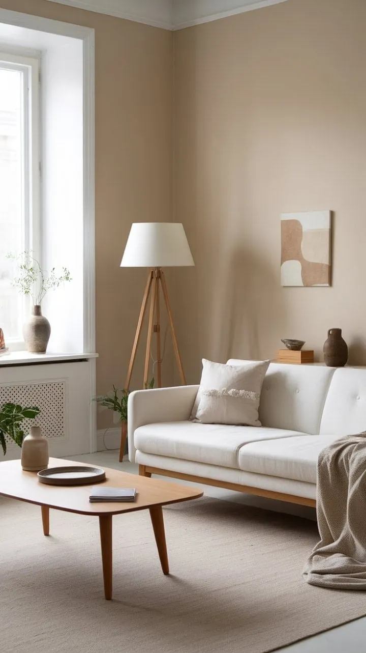 Bathed in sunlight, this serene Nordic living room showcases minimalist design and warm wood tones, embodying the beauty of simplicity and comfort.