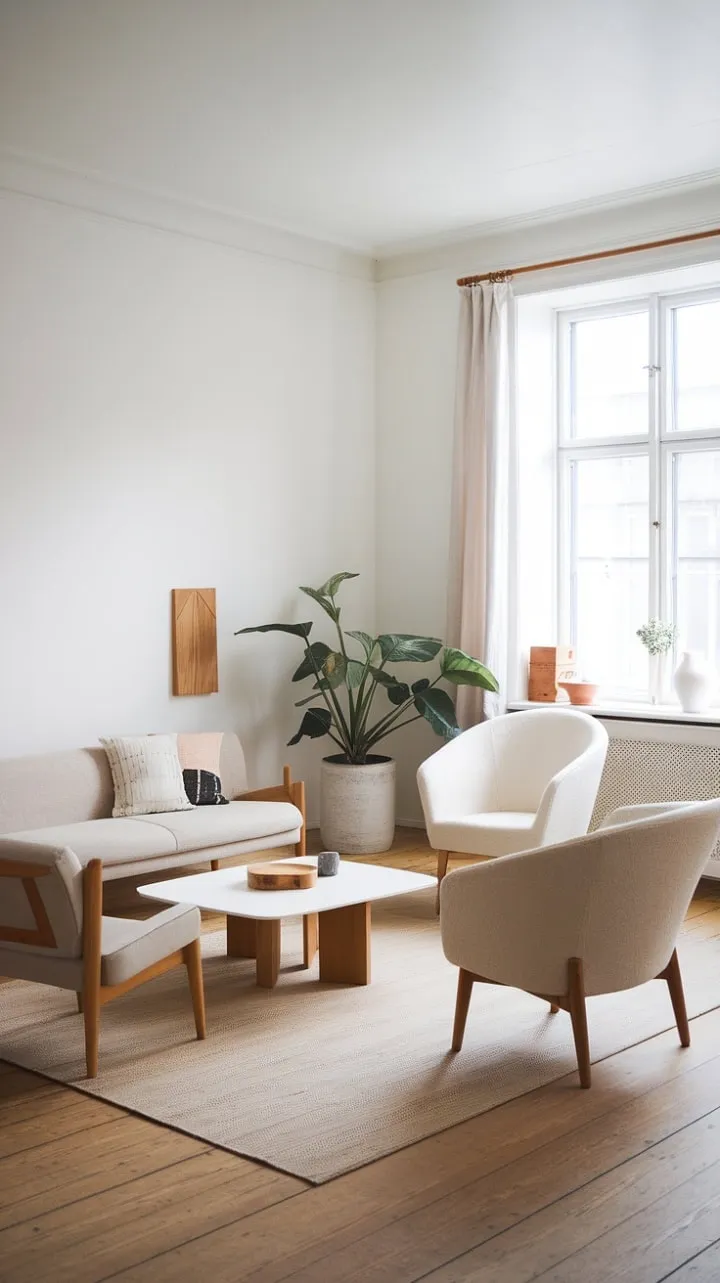Bathed in sunlight, this serene Nordic living room harmoniously blends minimalist elegance with natural wood accents, epitomizing the essence of Scandinavian design.