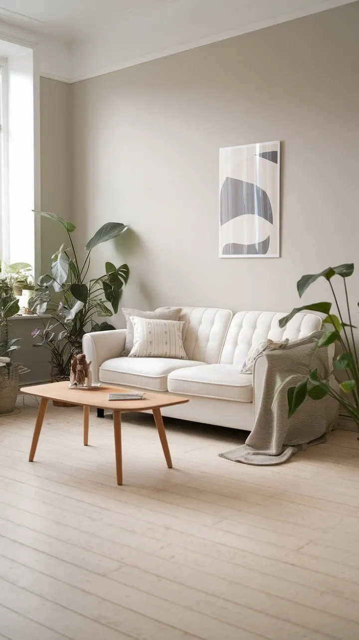 This serene Scandinavian living room blends a soothing pale palette with warm wood and vibrant greenery, showcasing the beauty of minimalist design.