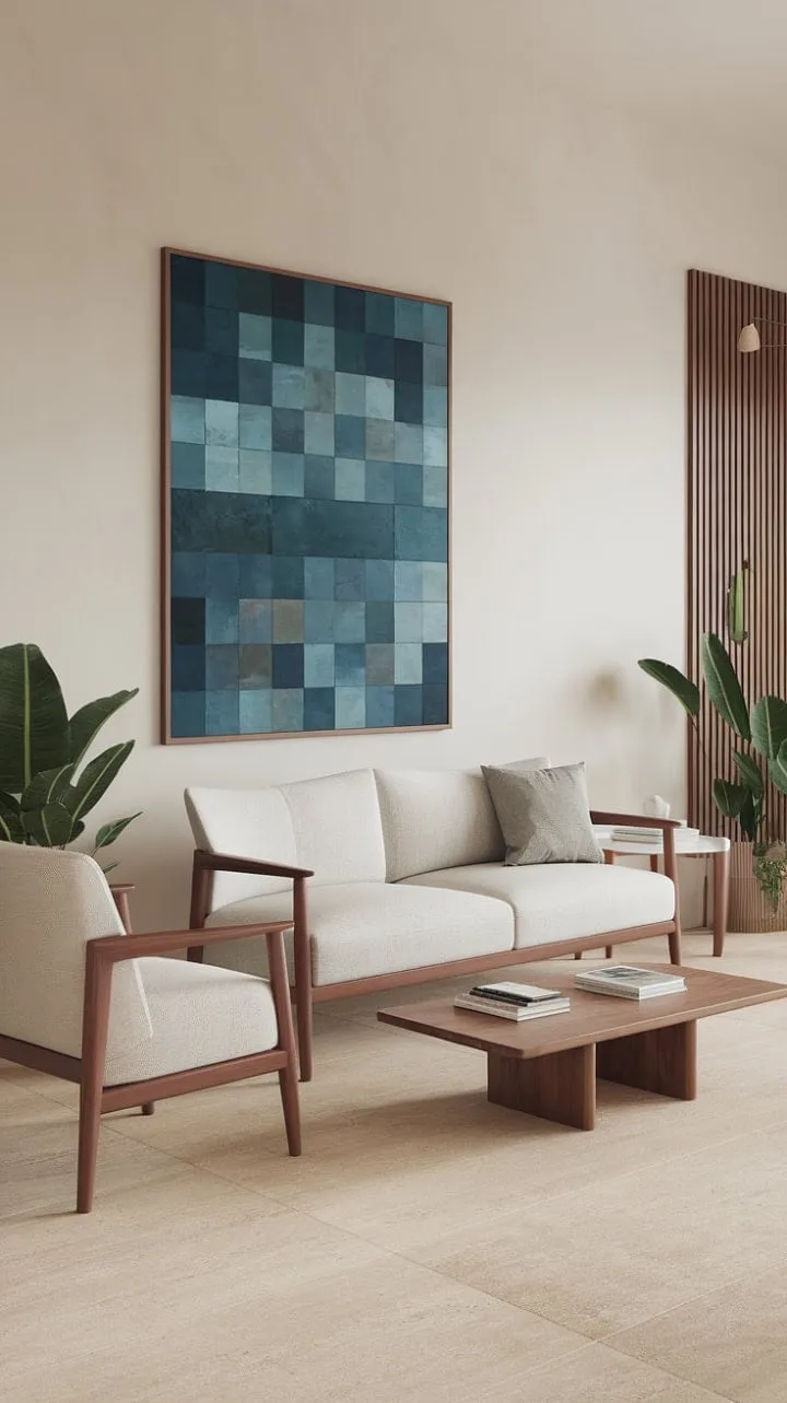 In this Scandinavian sanctuary, sunlight dances on a white sofa and chair, while a wooden coffee table and a serene blue abstract painting infuse warmth and tranquility into the space.