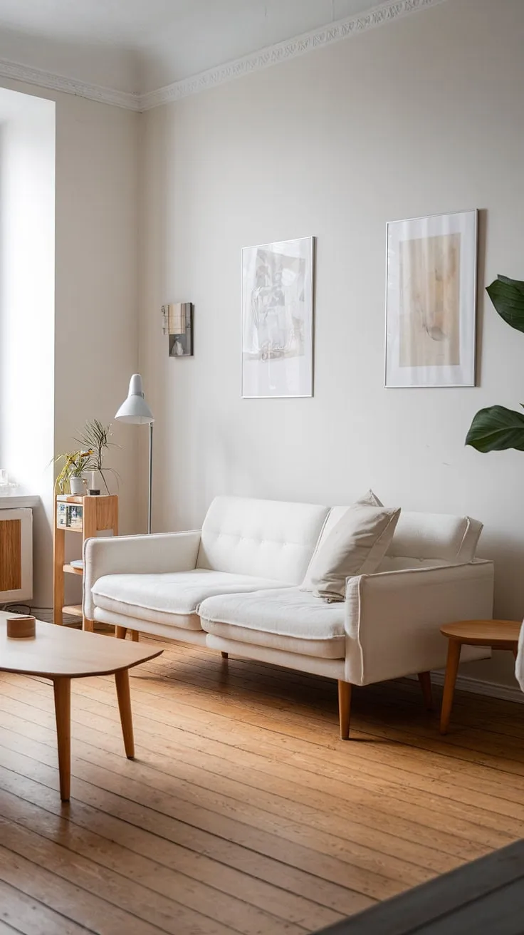 Clean lines and natural wood define this minimalist Scandinavian living room's aesthetic