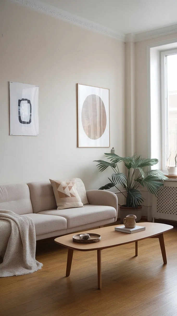 A calming Nordic living space features a minimalist design with natural materials and subtle pops of color.