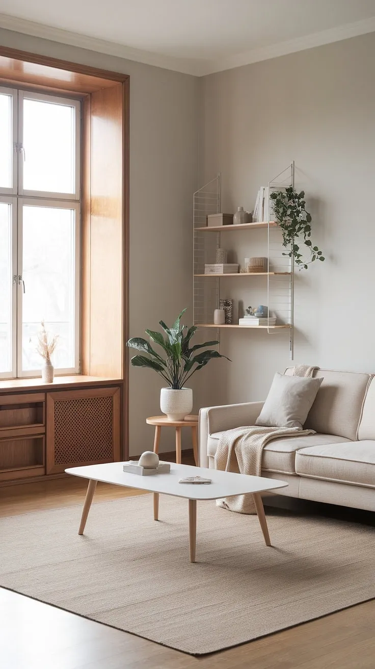 A serene Scandinavian space is defined by light grey walls, a beige sofa, and natural wood elements.