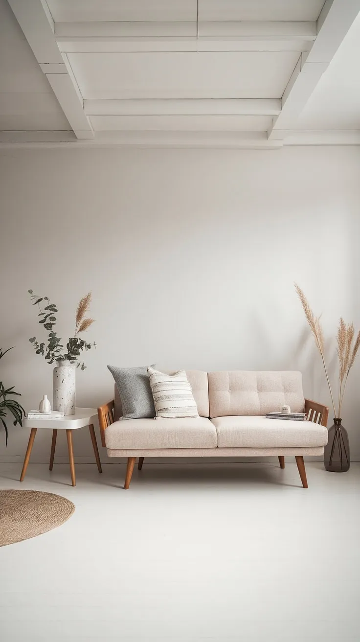 Elegant minimalism defines this Nordic living room, showcasing a serene blend of white surfaces and natural wood tones.
