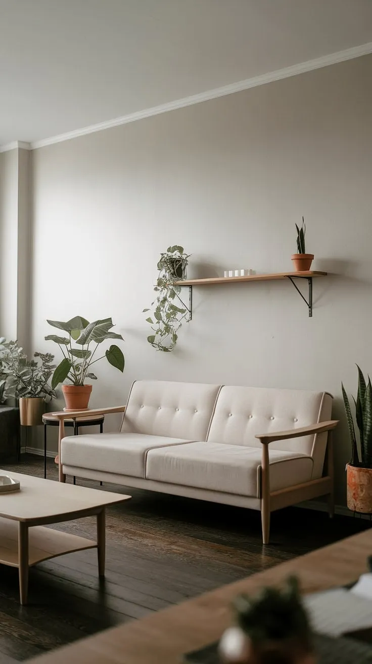 A light grey and beige palette defines this minimalist Nordic living room, accented by wood and greenery on a dark hardwood floor