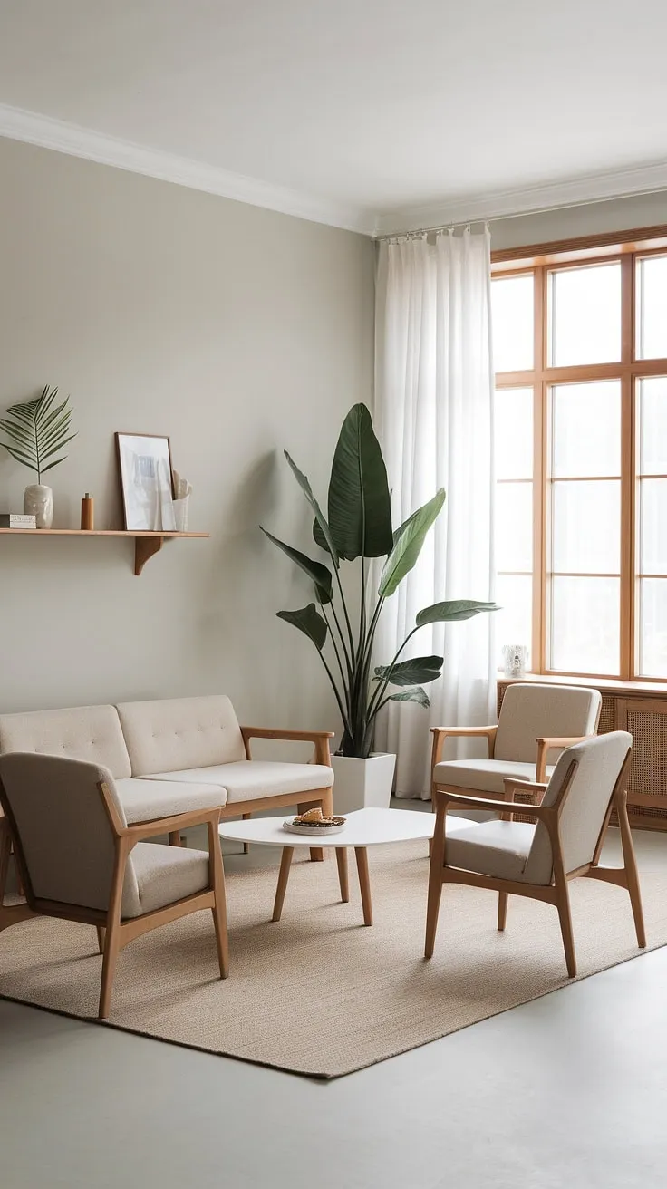 Nordic simplicity defines this airy living room featuring a beige sofa, wooden furniture, and a calming palette.