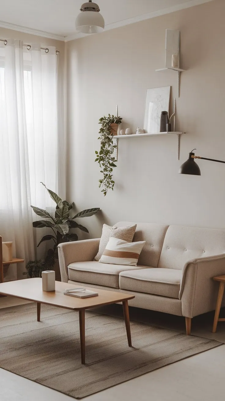 A beige sofa and sparse decor create a calming Scandinavian sanctuary.