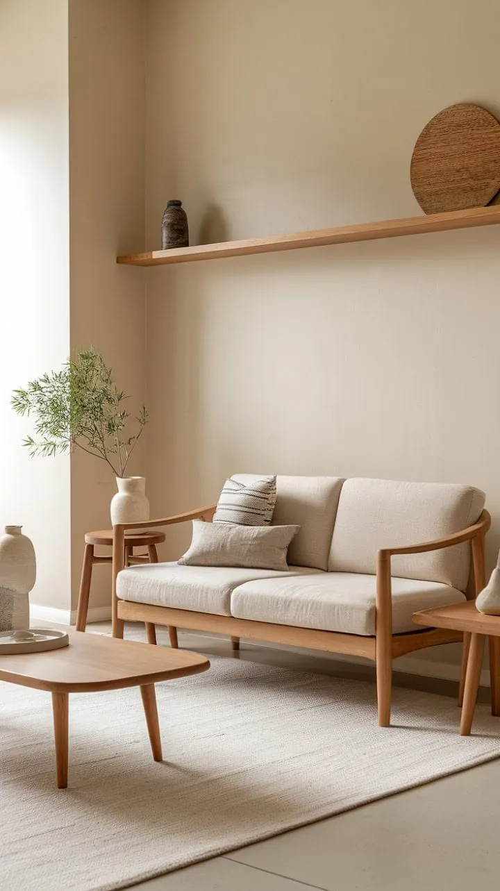 Bathed in natural light, this Scandinavian living room exudes tranquility through its clean lines, tactile wooden textures, and thoughtfully chosen accessories.