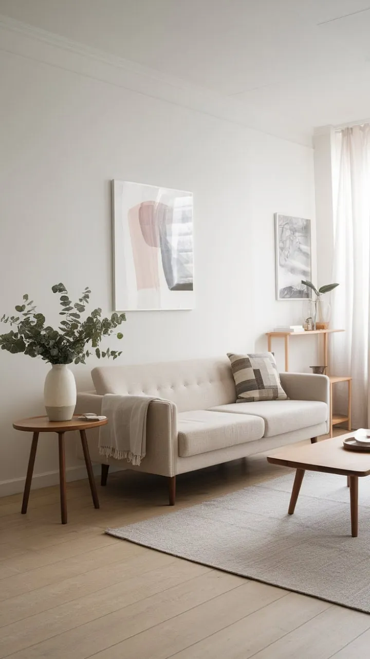 Bathed in sunlight, this serene Nordic living room blends minimalist design with natural textures, creating a calming oasis of understated elegance.