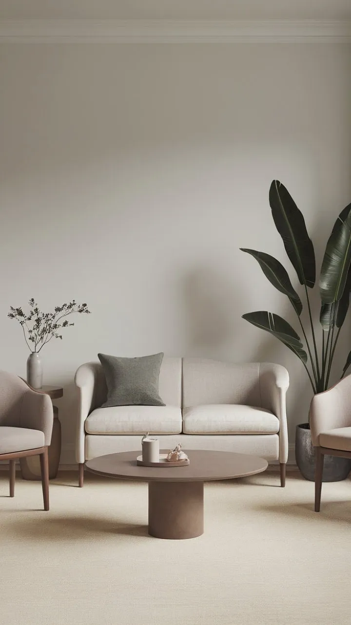 This Nordic living room embodies minimalist elegance, where a serene color palette and a striking green plant foster a peaceful atmosphere perfect for conversation and relaxation.