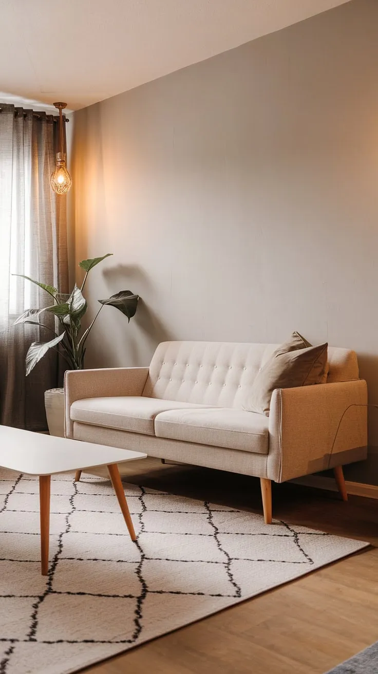 A light gray backdrop complements the natural wood and calming beige tones in this Scandinavian-style living space.