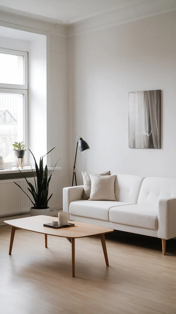 Light wood floors and white walls create a serene Nordic living room, accented by a simple white sofa, wooden coffee table, and a touch of greenery.