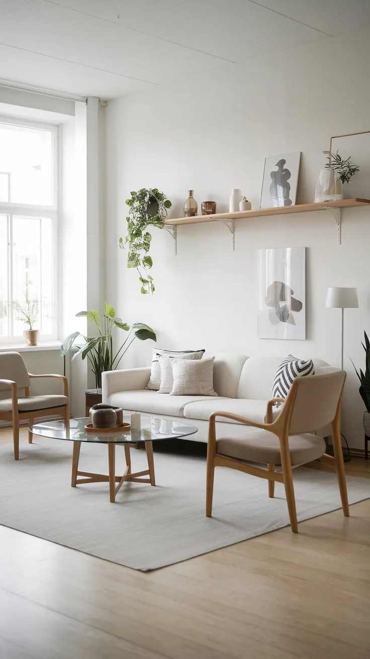 Elegant Nordic minimalism defines this airy living space with light wood floors and a neutral palette