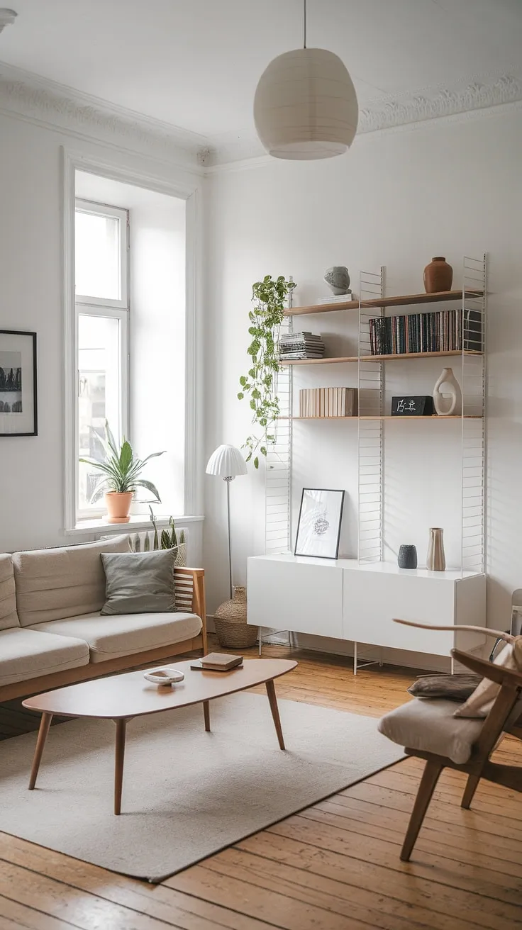 Clean lines and natural materials define this minimalist Scandinavian living room's serene aesthetic