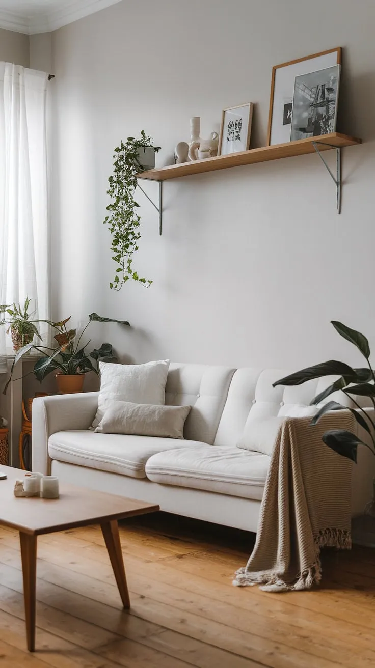 Clean lines and natural wood define this minimalist Nordic living room, accented by pops of greenery and simple decor.