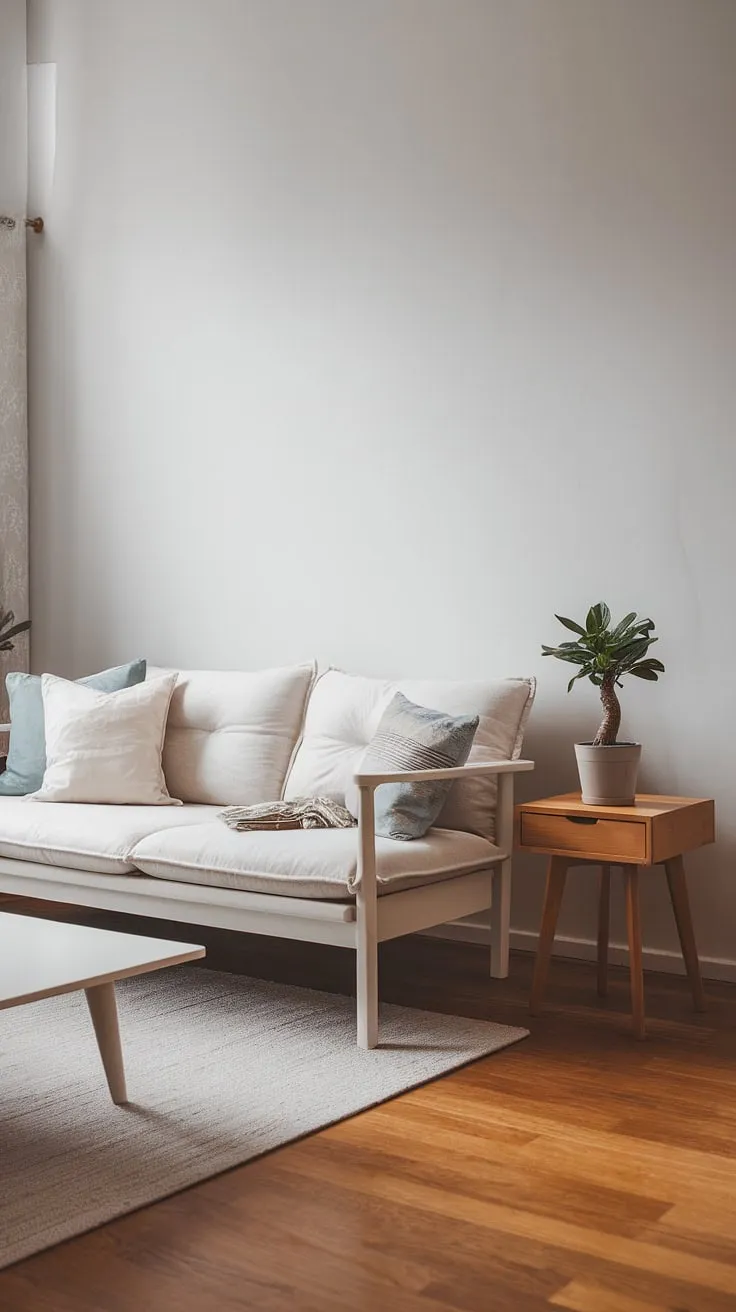 Elegant white Scandinavian minimalism defines this Nordic living room's serene atmosphere