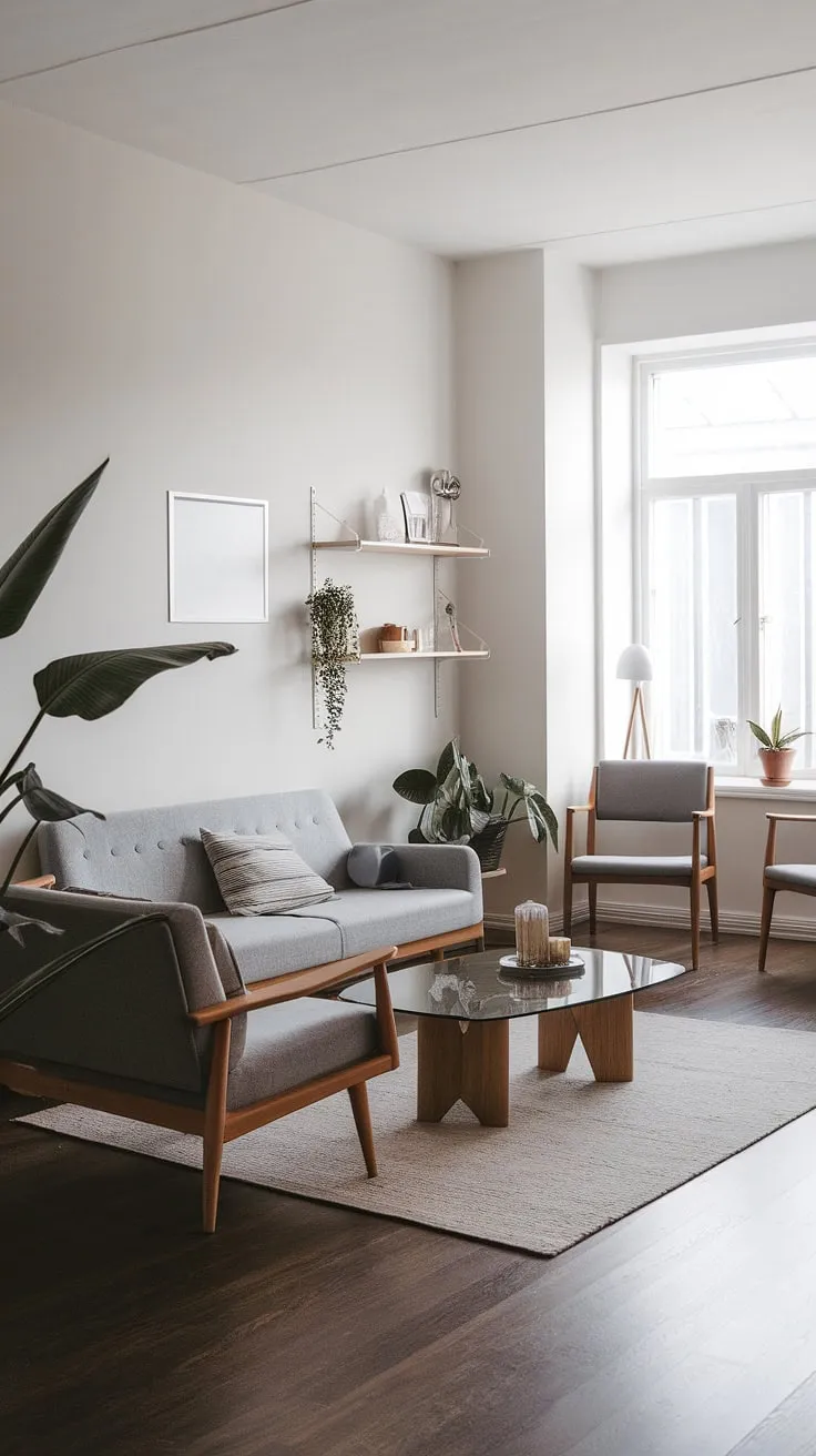 Minimalist Nordic design defines this serene living space with its grey sofa, wooden accents, and pops of greenery