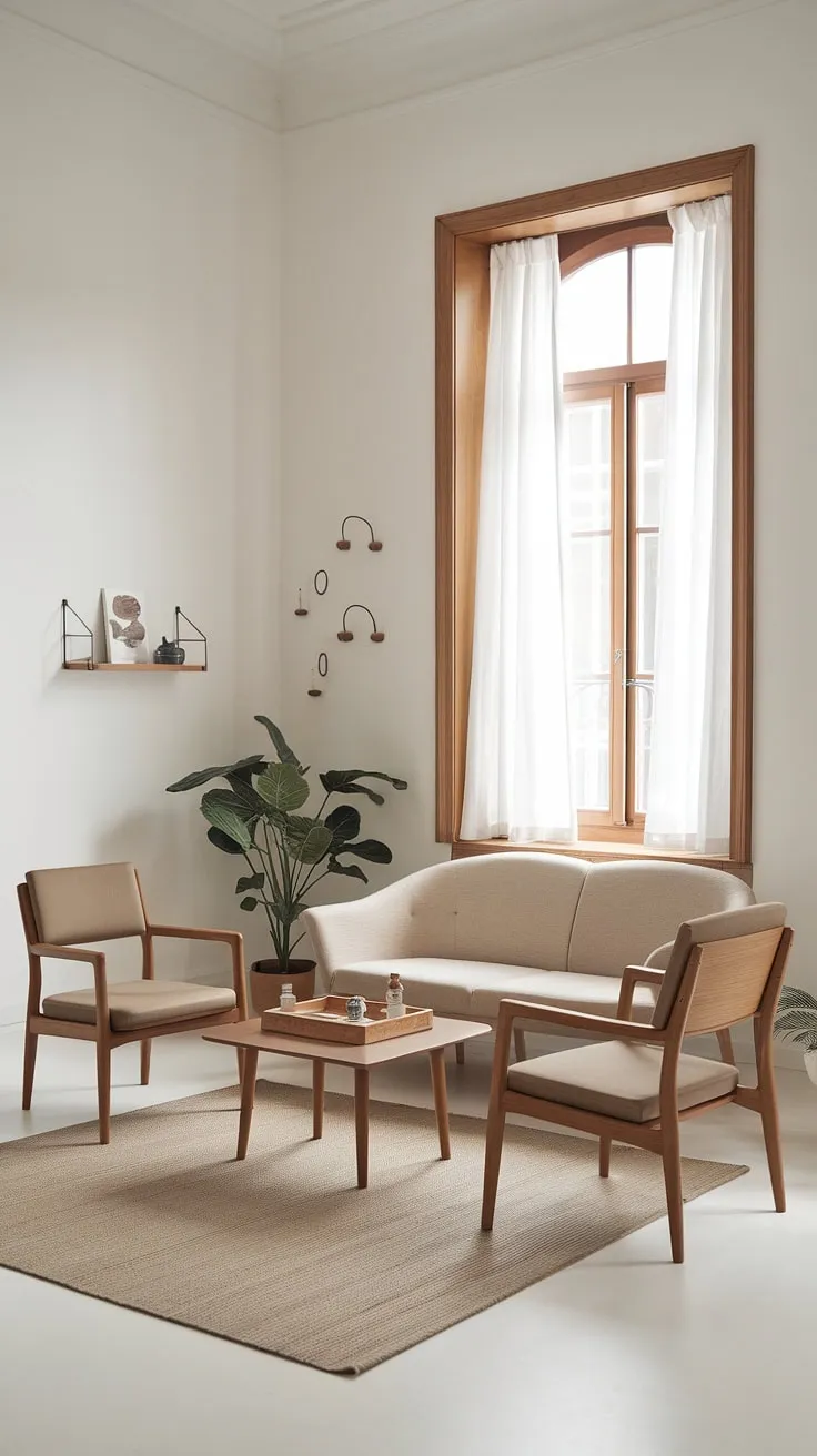 A calming Scandinavian living room features a beige sofa and wooden accents against white walls and a beige rug.