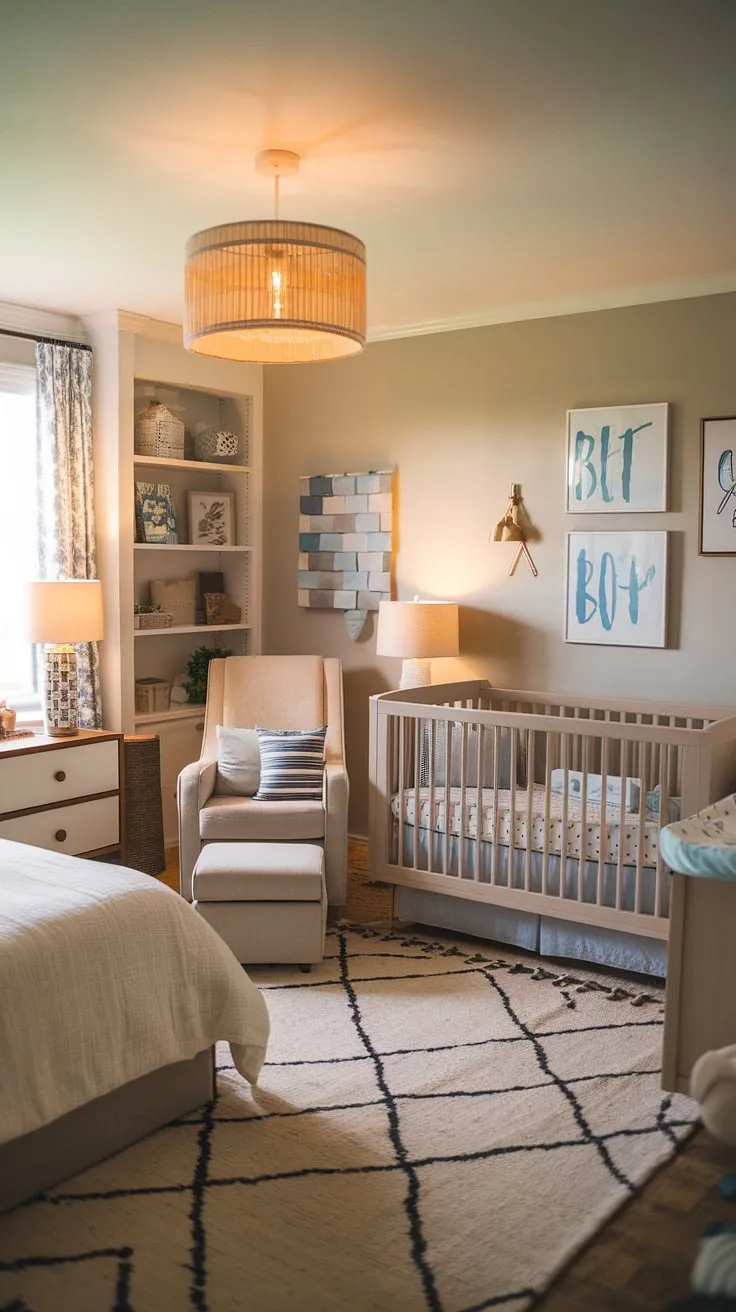 This nursery room guest room combo seamlessly blends soothing nursery aesthetics with comfortable guest accommodations.  The thoughtful nursery room design, incorporating calming beige and gray with pops of blue, creates a tranquil space for baby's arrival and a welcoming retreat for visitors.  Clever baby room ideas maximize space, showcasing stylish nursery decor and reflecting current nursery trends.  A perfect blend of functionality and beauty for parents and guests alike.