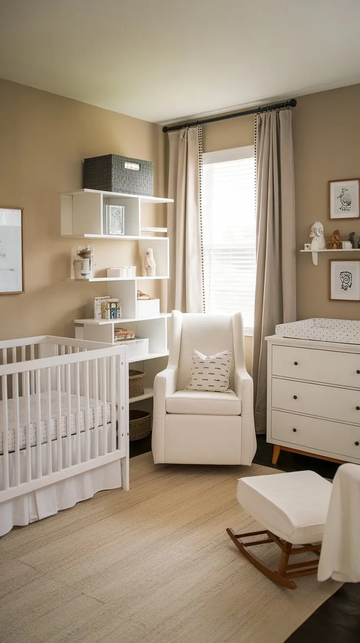 Dreamy nursery design meets practical guest room functionality in this stunning nursery room guest room combo.  The all-white furniture and soft beige accents create a tranquil atmosphere, reflecting the latest nursery trends.  This baby boy nursery is a testament to smart baby room ideas, showcasing elegant nursery decor and a sophisticated approach to baby rooms.  The result? A space that's both beautiful and incredibly functional, embodying the best in nursery aesthetics and nursery room design.