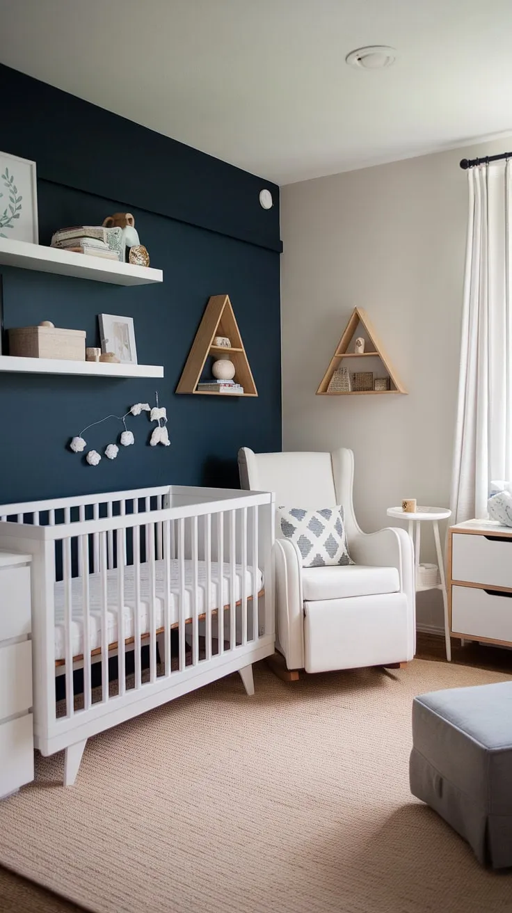This stunning nursery room guest room combo is a masterclass in baby room design.  The sophisticated navy and white palette, complemented by carefully chosen nursery decor, creates a space that's both calming for baby and comfortable for guests.  From the clever use of floating shelves to the cozy rocking chair, this room is brimming with inspiring baby room ideas and reflects the latest nursery trends.  A perfect example of nursery design and nursery aesthetics for a baby boy nursery, this room is a testament to thoughtful planning and impeccable style.