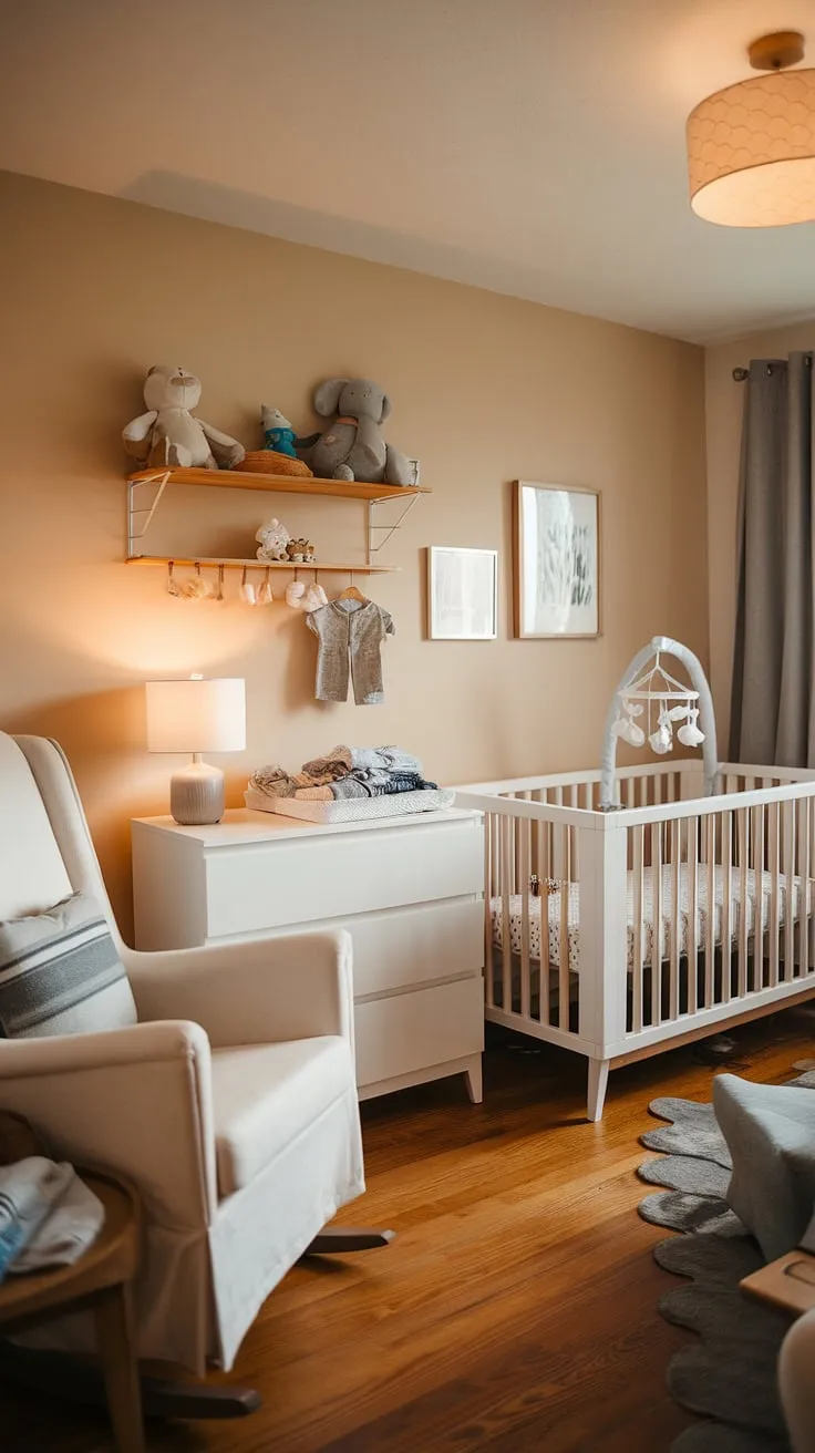 This nursery room guest room combo seamlessly blends functionality and style.  The calming nursery design, incorporating thoughtful baby room ideas like the cozy rocking chair and curated nursery decor, creates a peaceful haven for both baby and guests.  This baby boy nursery showcases the latest nursery trends while maintaining a timeless nursery aesthetics.  Clever baby room design maximizes space, offering a perfect blend of practicality and charm.