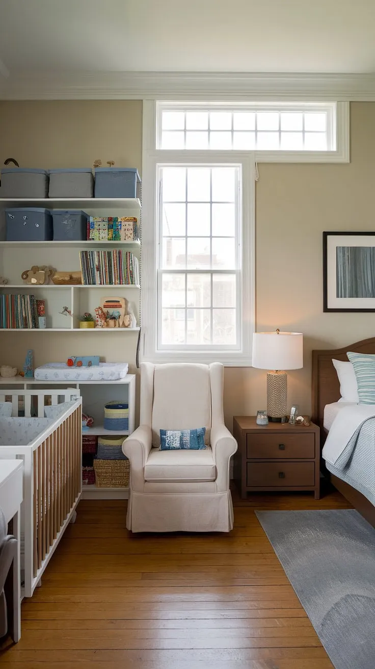 This clever nursery room guest room combo seamlessly blends functionality and style.  The thoughtful nursery room design, complete with a charming baby boy nursery theme, offers ample space for baby's essentials, while the adjacent guest room provides comfortable accommodations for visitors.  This innovative baby room design incorporates smart storage solutions and a calming nursery decor, reflecting current nursery trends in baby rooms.  A perfect example of baby room ideas for maximizing space and creating a welcoming atmosphere.