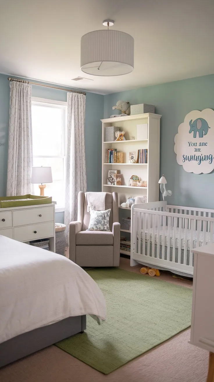 Serene and stylish, this nursery room guest room combo seamlessly blends functionality and aesthetics.  The light blue walls and calming decor create a peaceful haven for both baby and guests, showcasing the best in baby room design and nursery trends.  Clever space-saving solutions and thoughtful nursery decor make this a perfect example of baby room ideas for a modern baby boy nursery.  This nursery design is a masterclass in nursery aesthetics.