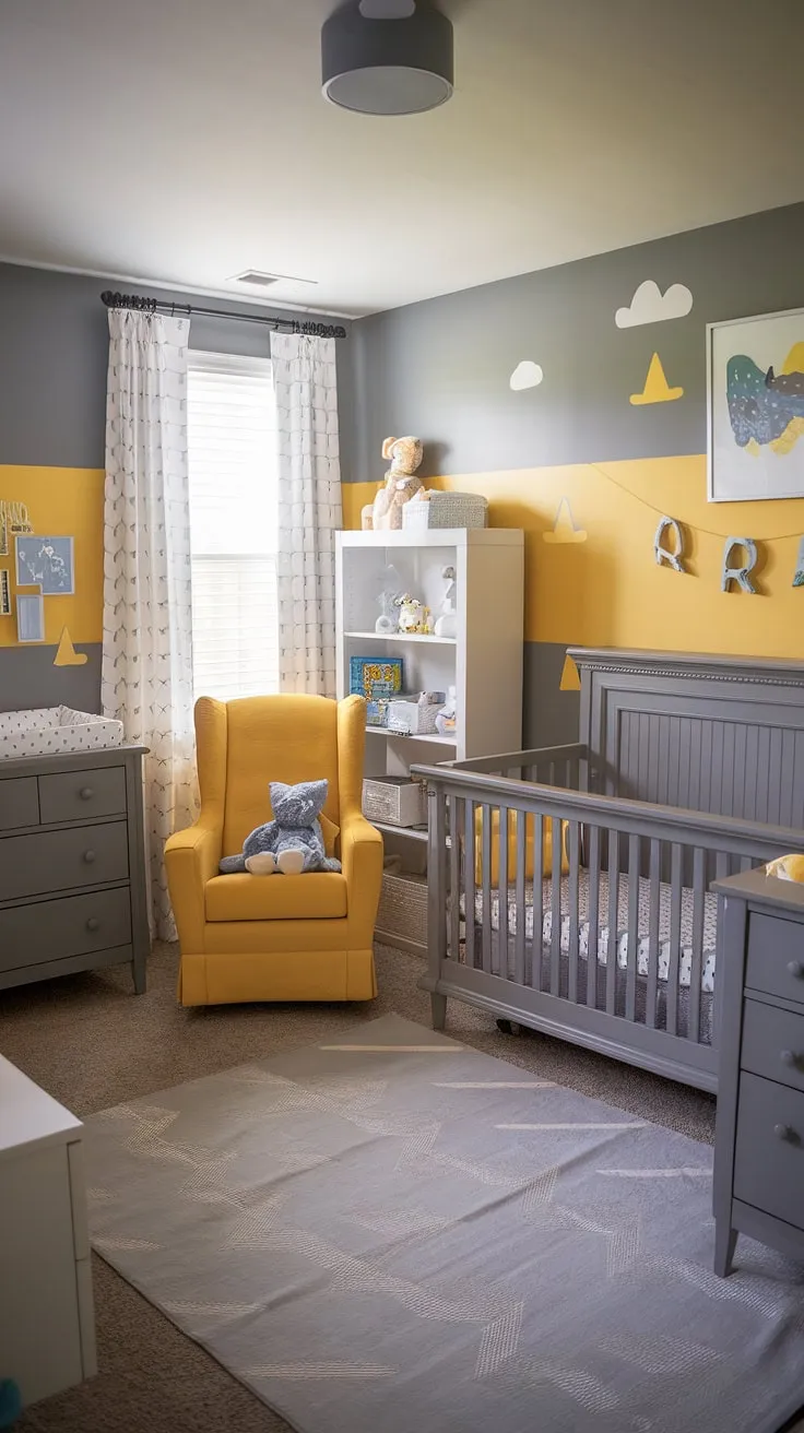 Dreamy nursery aesthetics meet practical guest room functionality in this stunning nursery room design.  This baby boy nursery showcases clever baby room ideas, incorporating a calming gray and yellow theme that's both stylish and soothing.  The thoughtful nursery decor and smart storage solutions make this baby room design a perfect example of current nursery trends, creating a beautiful and functional space in this nursery room guest room combo.