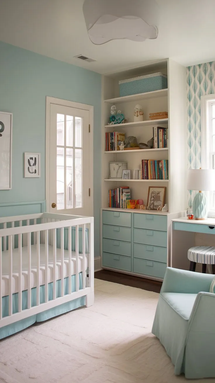 This stunning nursery room design effortlessly transitions from a cozy baby boy nursery to a welcoming guest room.  The thoughtful blend of nursery aesthetics and practical baby room ideas creates a space that's both beautiful and functional.  White furniture and soft blue accents define the calming nursery decor, reflecting current nursery trends in baby rooms.  A perfect example of a nursery room guest room combo, showcasing the best in modern baby room design.