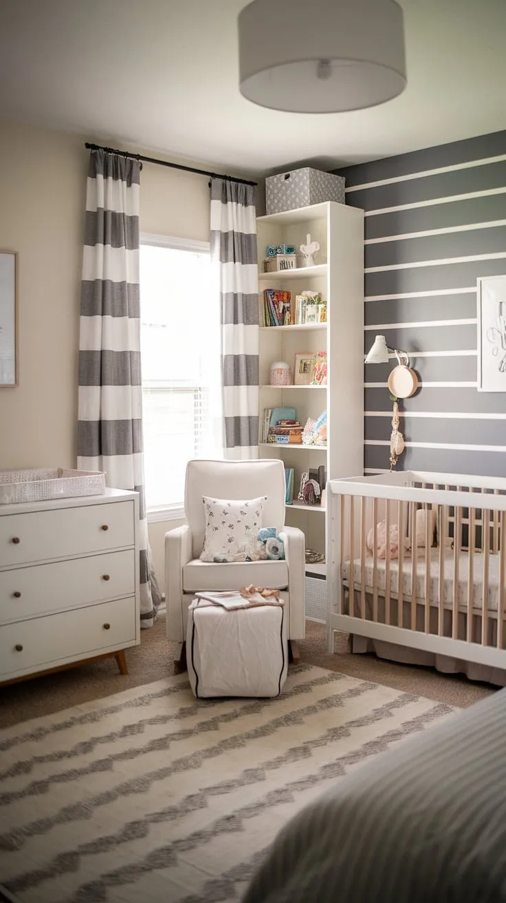 Dreamy nursery aesthetics meet sophisticated guest room design in this inspiring nursery room guest room combo.  This baby room design expertly balances the needs of a growing baby with the comfort of adult guests.  From the calming nursery decor to the practical nursery room design, this space is a testament to clever baby room ideas and current nursery trends, creating a beautiful baby boy nursery.