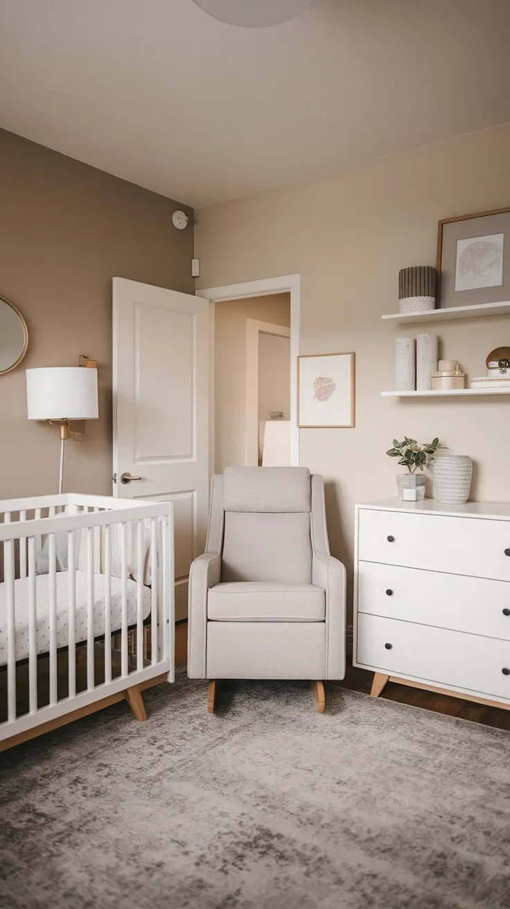 Serene and stylish, this nursery room guest room combo seamlessly blends modern nursery design with sophisticated guest room aesthetics.  The calming gray and white palette creates a tranquil space perfect for both baby and visitors, showcasing the best of current nursery trends in baby room design.  Clever storage solutions and thoughtful nursery decor make this a practical and beautiful baby room ideas for a baby boy nursery.