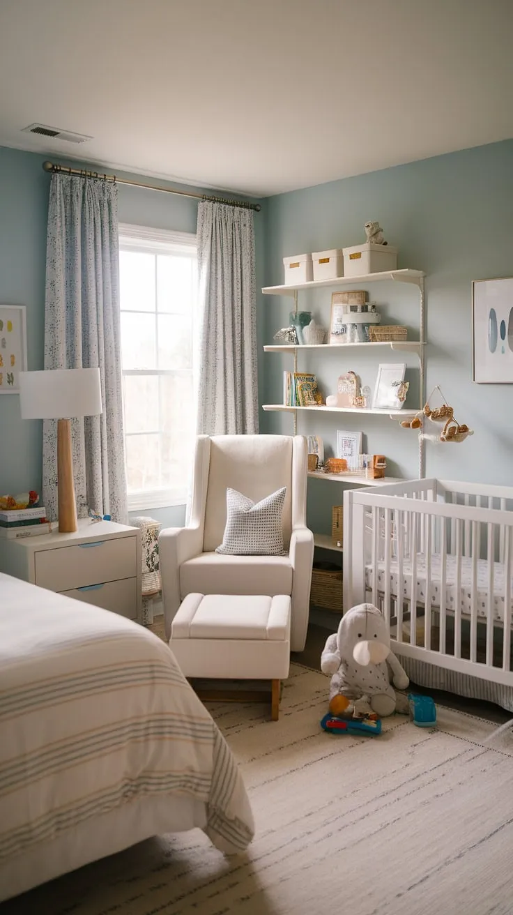 This stunning nursery room guest room combo is the ultimate in versatile baby room design.  The light blue walls and thoughtful nursery decor create a peaceful atmosphere, while the separate sleeping areas offer practicality.  Explore these baby rooms ideas for a space that effortlessly combines baby boy nursery elements with sophisticated guest room features, reflecting the latest nursery trends in a beautiful and functional nursery design.