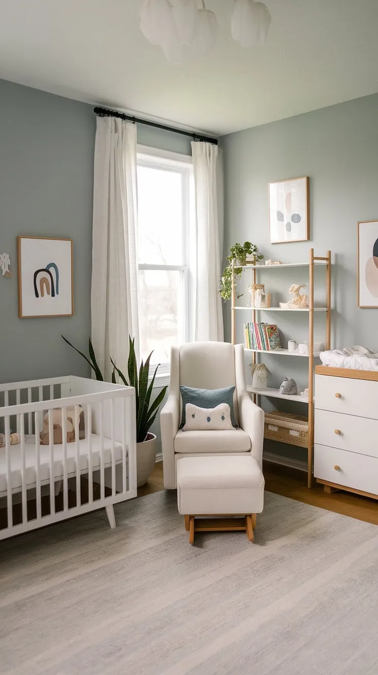 Serene and stylish, this nursery room guest room combo seamlessly blends functionality and modern aesthetics.  The light blue walls, white furniture, and carefully curated nursery decor create a calming space perfect for both baby and guests, showcasing the best in baby room design and nursery trends.  Clever storage solutions and thoughtful nursery room design elements make this a practical and beautiful baby boy nursery, offering plenty of baby room ideas for parents seeking a sophisticated yet welcoming space.