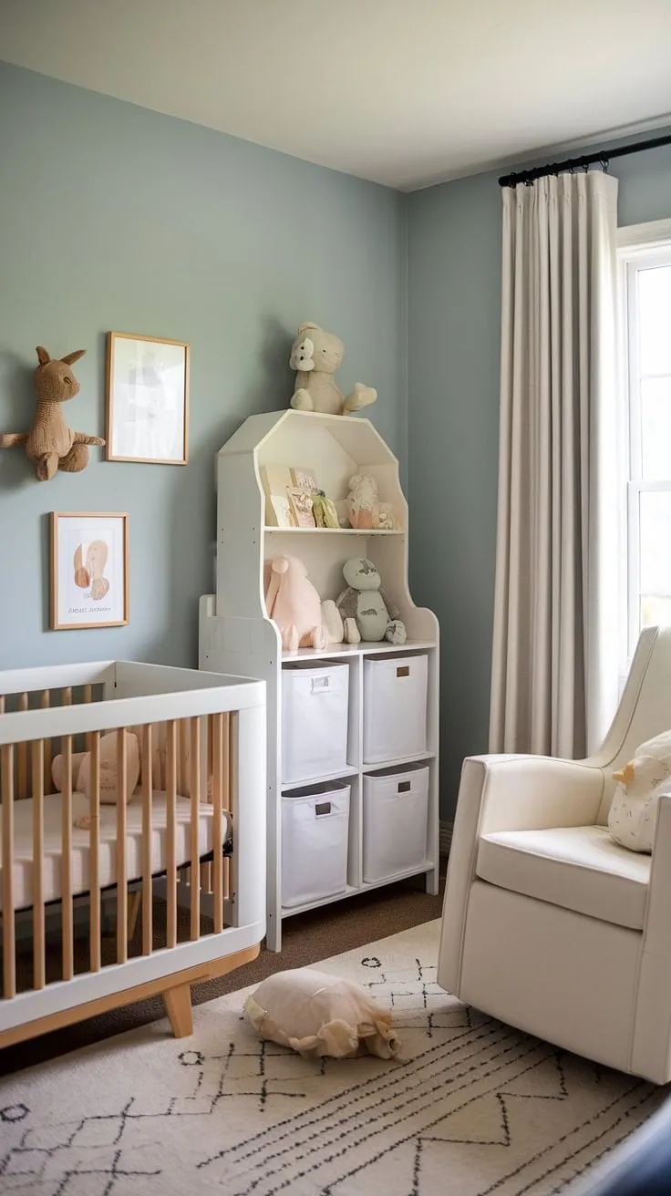 Serene and practical, this nursery room guest room combo showcases clever nursery room design.  The light blue walls and white furniture create a calming atmosphere, perfect for both baby and guests.  This baby room design offers smart storage solutions and incorporates current nursery trends, making it a stylish and functional space brimming with baby room ideas for a baby boy nursery.  A perfect example of thoughtful nursery decor and nursery aesthetics.
