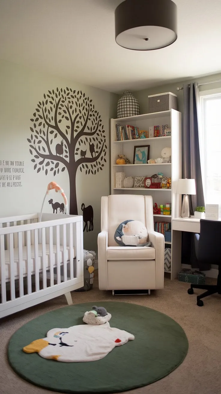 A sophisticated take on baby room design, this nursery room guest room combo showcases clever space-saving solutions.  The white crib, rocking chair, and bookshelf create a calming nursery room design, while the desk and chair provide a welcoming guest area.  This baby boy nursery is a testament to thoughtful nursery decor, incorporating current nursery trends into a beautiful and practical space, offering inspiring baby rooms ideas for parents seeking modern nursery aesthetics.