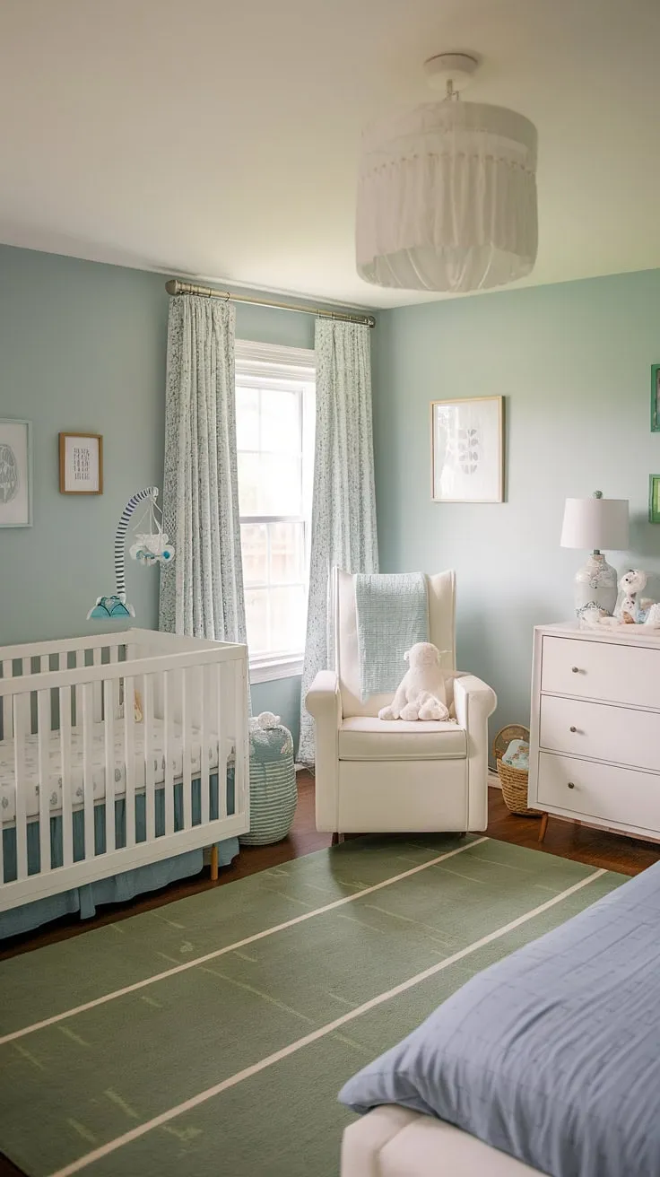 Serene and practical, this nursery room guest room combo seamlessly blends baby room design with adult comfort.  The light blue walls and white furniture create a calming nursery aesthetics, while the guest bed offers a stylish and convenient space for visitors.  This clever nursery room design incorporates the latest nursery trends, providing ample baby room ideas for parents seeking a functional and beautiful space.  It's a perfect example of thoughtful nursery decor and a winning solution for small spaces.