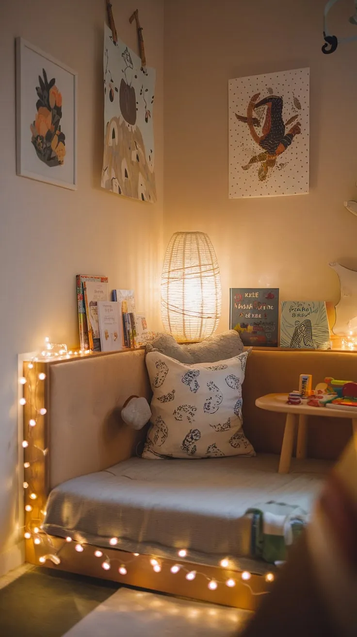 Escape to this enchanting reading nook in nursery, a whimsical retreat designed for little ones.  The soft glow of fairy lights and comfy reading corner pillows create the perfect atmosphere for bedtime stories.  This nursery room nook offers a charming space for imaginative play, brimming with inspiration for boys reading nook ideas and a delightful child's reading corner, making it a perfect kids snug room ideas for a toddler reading nook girl.