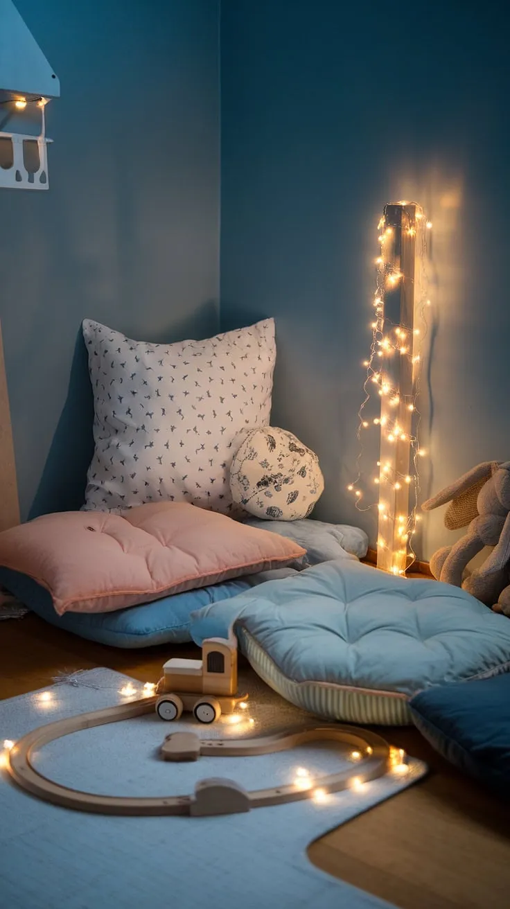 Escape to this enchanting reading corner nestled within a serene blue nursery room.  Plump pillows create a comfy haven, while fairy lights twinkle softly, turning this playroom into a dreamy children's bedroom reading corner.  A wooden train and cuddly friend complete the scene, making this the perfect spot for quiet reading time.  Find inspiration for your own boys reading nook ideas or toddler reading nook girl with this cozy and inviting space.