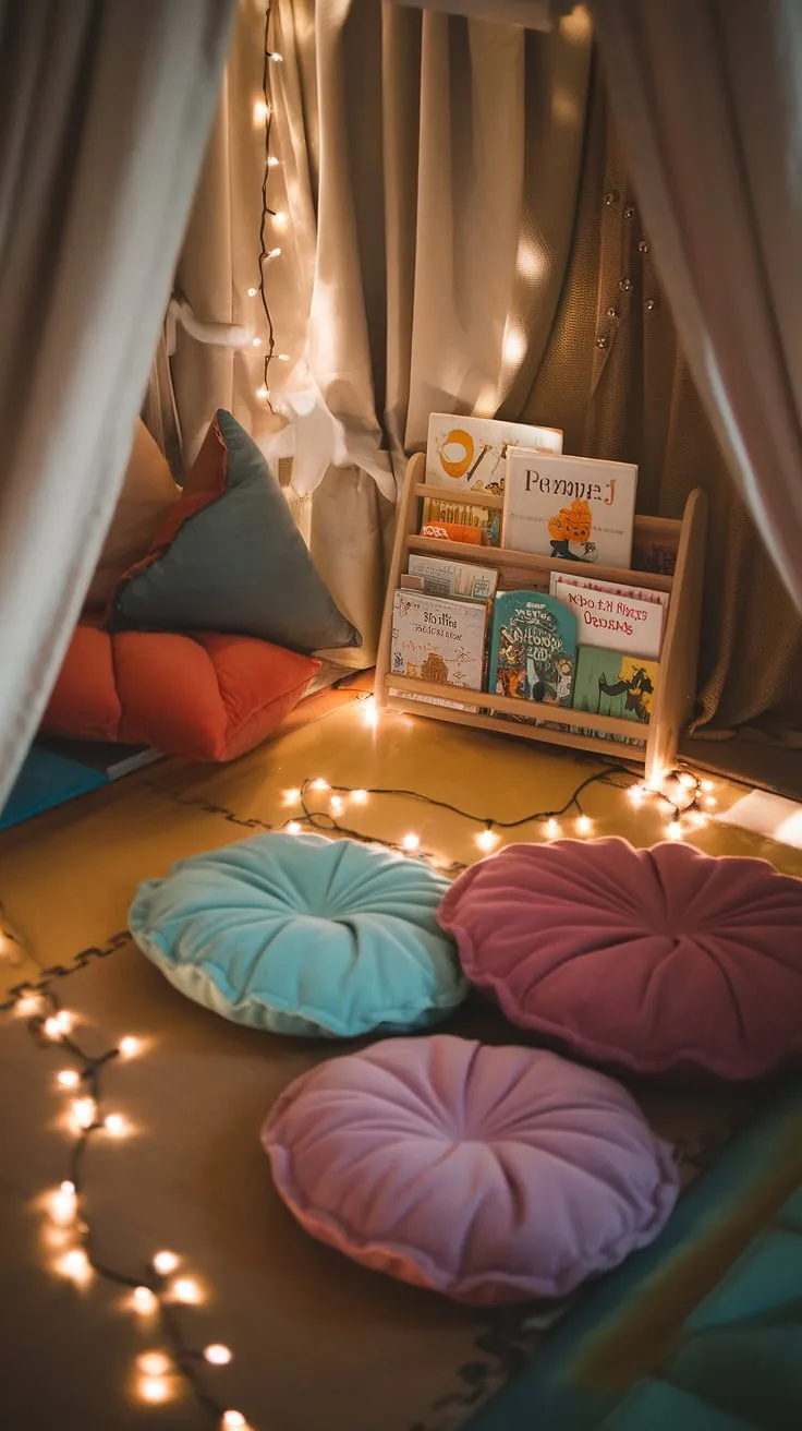 Whimsical fairy lights dance above a cozy nursery room nook, transforming this playroom corner into a magical child's reading corner.  Soft, colorful reading corner pillows invite little ones to snuggle in and lose themselves in stories. Perfect boys reading nook ideas and kids snug room ideas for both toddler reading nook girl and older children's bedroom reading corner.