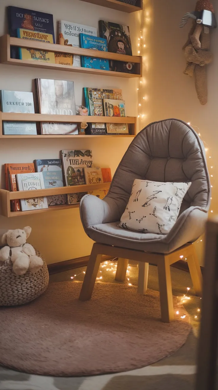 This cozy nursery room nook, complete with reading corner pillows and fairy lights, is a dream come true.  Perfect for quiet moments and sparking a lifelong love of reading; this space offers endless boys reading nook ideas and is equally charming as a toddler reading nook girl.  A true haven for imaginative play, it's the perfect children's bedroom reading corner and one of the best kids snug room ideas we've seen.