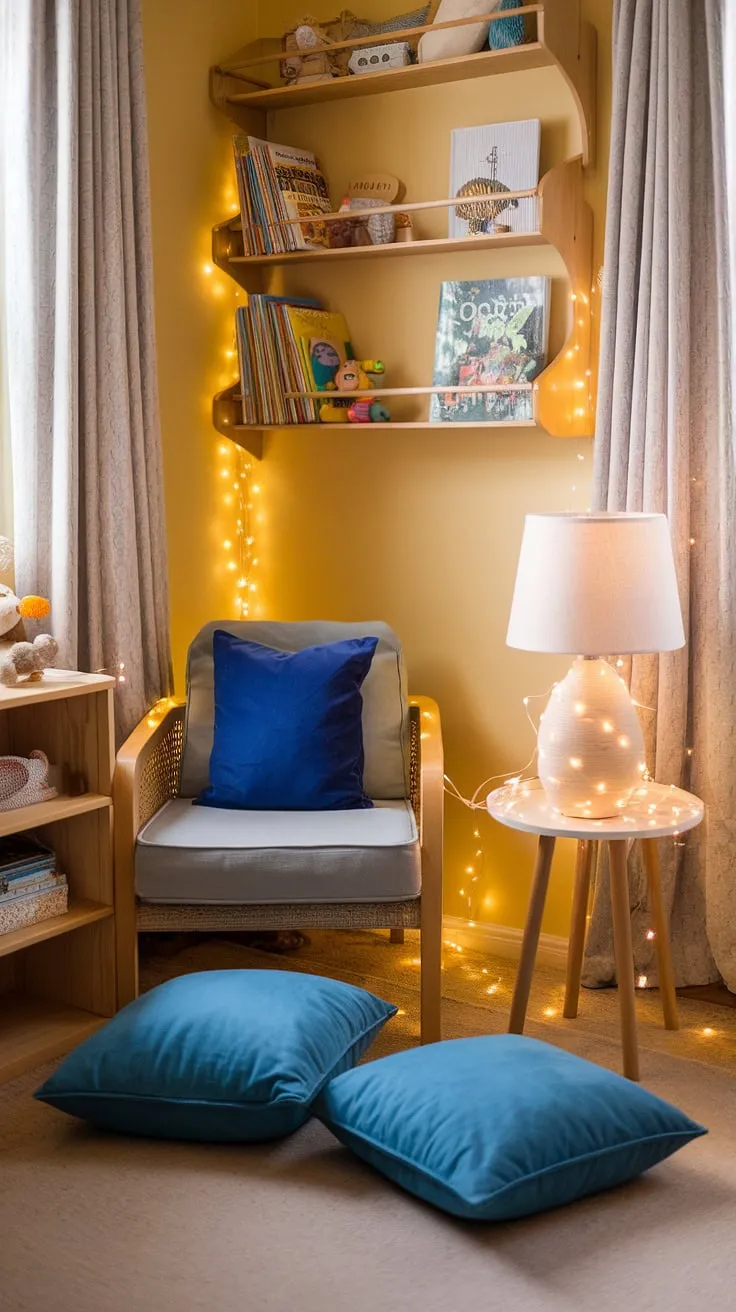 Escape to this enchanting reading nook in nursery, a haven of calm within a vibrant yellow playroom.  Soft pillows beckon for story time, while fairy lights add a touch of magic to this delightful space.  This nursery room nook provides the perfect setting for boys reading nook ideas, creating a child's reading corner that sparks imagination.  It's a wonderful example of kids snug room ideas, equally suitable as a toddler reading nook for a girl.
