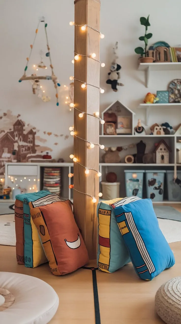 Snuggle up in this enchanting reading nook in nursery!  Two oversized book-shaped reading corner pillows invite little ones to lose themselves in stories, while fairy lights twinkling around a wooden pole add a touch of playroom magic. This cozy space is brimming with ideas for boys reading nook ideas and makes a perfect toddler reading nook girl, offering a delightful children's bedroom reading corner and inspiring kids snug room ideas for any child's happy place.