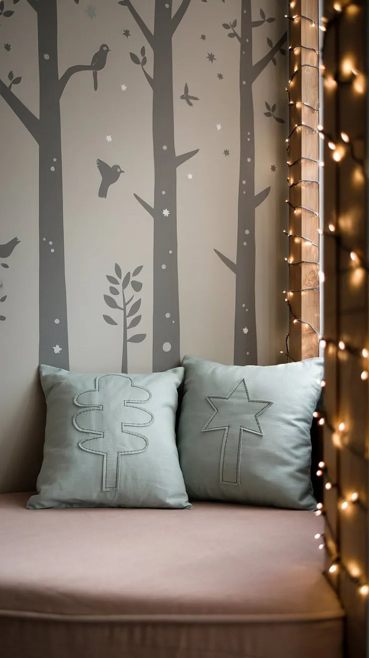 Snuggle up in this dreamy reading nook in nursery, a perfect blend of comfort and wonder.  The fairy lights playroom ambiance, paired with the charming reading corner pillows and a captivating forest mural, transforms this space into a magical children's bedroom reading corner.  This nursery room nook provides endless inspiration for boys reading nook ideas and is equally delightful as a toddler reading nook girl, offering the ultimate kids snug room ideas.