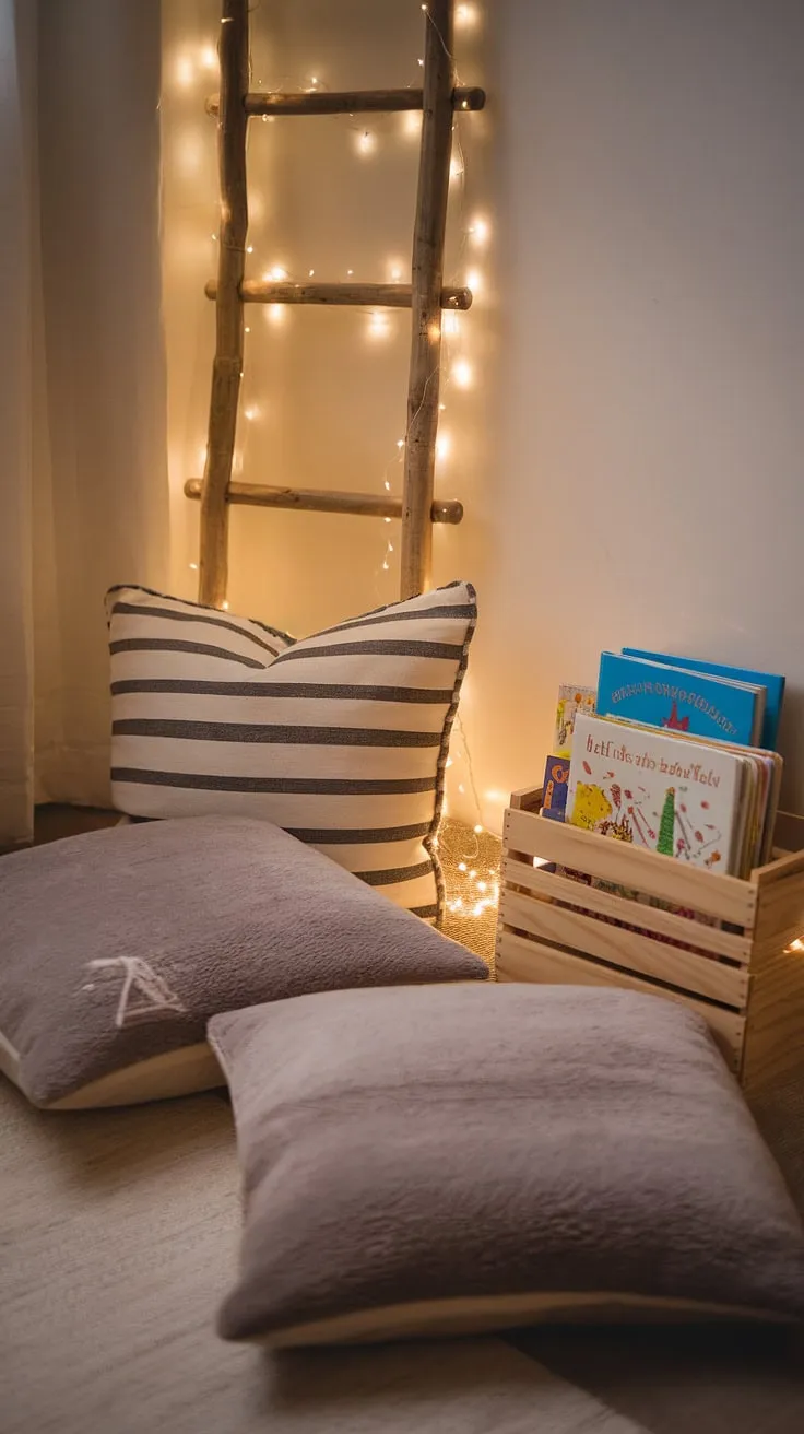A cozy nursery room nook transformed into a magical reading corner.  Soft pillows, a warm gray blanket, and a wooden crate filled with children's books create the perfect spot for quiet reading time. Fairy lights twinkled around a wooden ladder add a touch of enchantment to this playroom, offering boys reading nook ideas and inspiring kids snug room ideas for both toddler reading nook girl and older children. This children's bedroom reading corner is the epitome of a child's reading corner.